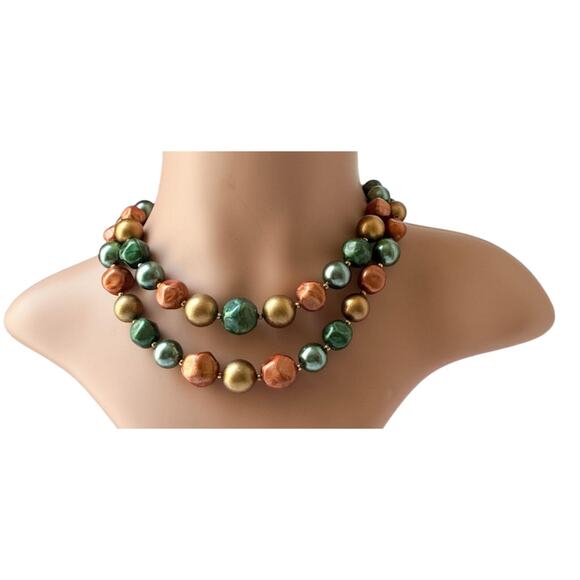 Vintage 1950s 2-Strand Choker Necklace, Metallic Green Peach Gold Graduated Bead - Picture 6 of 6